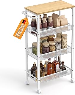 VASAGLE Rollwagen 4 Ebenen, Küchenwagen schmal, Nischenregal auf Rollen, Stahl, Griff, für klei…