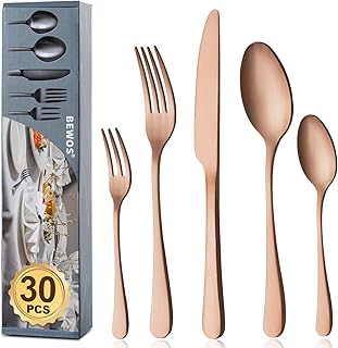BEWOS Besteck Set für 6 Personen, 30 teilig Roségold Mattiert Essbesteck Set inkl. Messer, Gabe…