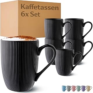 Cosumy Kaffeetassen 6er Set in Schwarz Matt 350ml – Einzigartiges Streifenmuster – Keramik – Mikr…