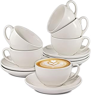 Cosumy Cappuccino Tassen Set 6er mit Untertassen – Kaffeetassen Keramik Weiß – Hält Lange W…