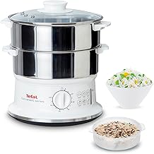 Tefal Dampfgarer elektrisch, 2 Edelstahlbehälter, 6L Fassungsvermögen, Dampfkocher mit 24cm Dur…