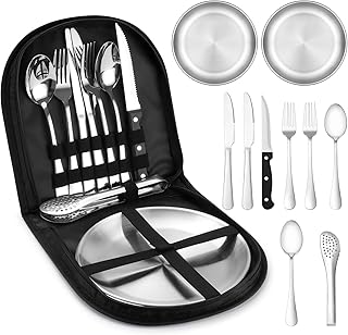 Camping Geschirr Set für 2 Personen, 10 Stück Tragbars Campingbesteck Set aus Edelstahl für Ca…