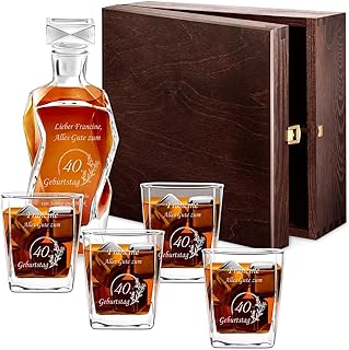 Maverton Whiskey Karaffe + 4 / 6er Whiskygläser Set mit Gravur – 700ml Whisky Dekanter – Geschen…