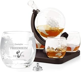 Maverton Whisky Karaffe mit Gravur – Globus mit Schiff, 850 ml – 4er Whiskygläser Set – Whisky D…