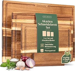 EDELHAUS Schneidebrett Holz 3er Set (40x30cm / 33x24cm / 26x18cm) Holzschneidebrett aus Massiver …