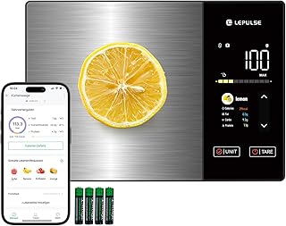 Digitale Küchenwaage mit Nährwertberechnung, Lebensmittelwaage mit 24 Nährwertanalyse, 5kg Ede…