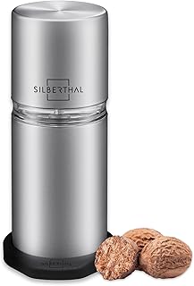 SILBERTHAL Muskatnuss Mühle für fein gemahlene Muskatnuss mit Untersetzer – Muskatreibe mit Auf…
