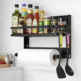 Gewürzregal Wand Ohne Bohren, Küchenregal Hängend mit Küchenrollenhalter und 4 Haken, Spice R…