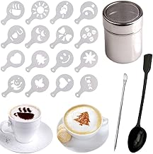 Edelstahl-Schokoladenstreuer + 16 Cappuccino/Kaffee/Barista-Schablonen + Messlöffel + Schablonen…