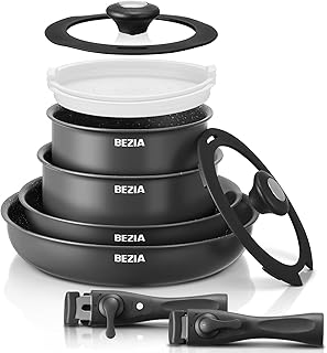 BEZIA Topfset mit Abnehmbarem Griff, 10-teilig Pfannenset für Camping & Kompakte Küche, Stapelb…