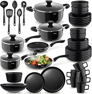 tectake® Küchenstarterset 6 Personen, Steingut Geschirr Set, Teller, 4 Töpfe 2 Pfannen rostfre…