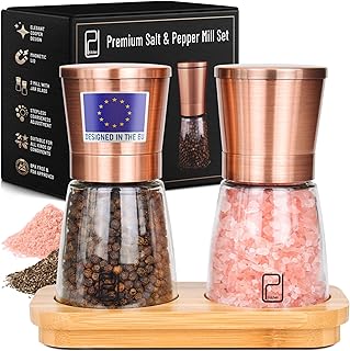Premium Salz- und Pfeffermühlen Set mit Bambushalter – 170 g, Kupfer Edelstahl – Nachfüllbares …
