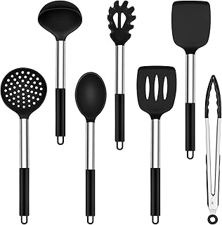 Onader 7 Stück Küchenhelfer Set, Silikon Küchenutensilien Schwarz | Antihaft Kochbesteck Set m…
