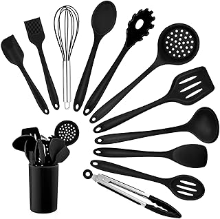 Homikit Silikon Küchenhelfer Set, 12 Stück Schwarz Kochutensilien | Hitzebeständiger Kochgesch…