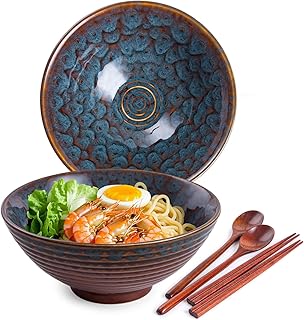 2 x 1200ml Ramen Schüssel Set aus Keramik mit Essstäbchen und Löffeln, 20cm Bowl Schüssel Sup…
