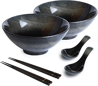 2 teiliges Ramen Schüssel Set Keramik Japanische Ramen Bowl mit Essstäbchen und Löffel,Asiatis…