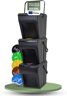 Novaliv Mülltrennsystem Set – 3x 25L Mülleimer Trennsystem – Mülleimer 4 Fächer – Mülltrenns…