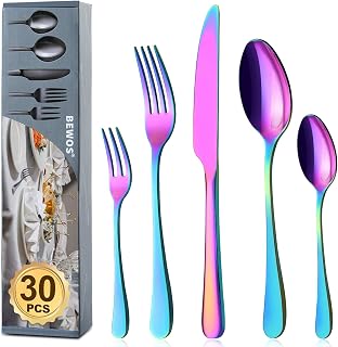 BEWOS Regenbogen Besteck Set für 6 Personen, 30 teilig Bunte Essbesteck Set inkl. Messer, Gabel,…