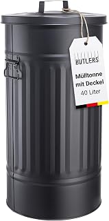BUTLERS ZINC Mülltonne Oskar, Retro Mülleimer mit Deckel, 40 Liter, Metall | Schwarz, ideal fü…