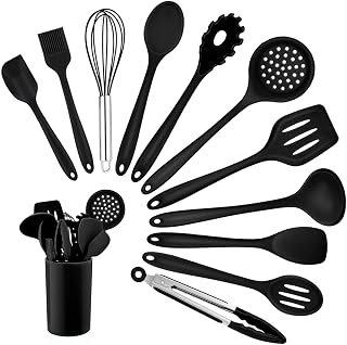 Homikit Silikon Küchenhelfer Set, 12 Stück Schwarz Kochutensilien | Hitzebeständiger Kochgesch…