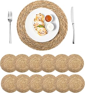 12er Set Runde Platzsets 30 cm, Boho Tischsets Naturgeflecht, Hitzebeständig & rutschfest, Handg…