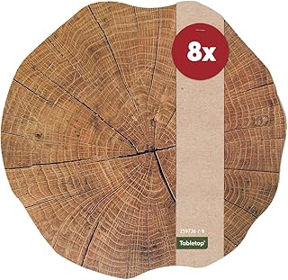 Tischsets 8er als abwaschbare Tischdeko im Landhaus Stil – Platzsets Holzoptik braun als runde Ti…