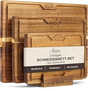 Akazienholz Schneidebrett Set 3-teilig mit Saftrille & Griffmulde | Massives Holzbrett für Fleis…
