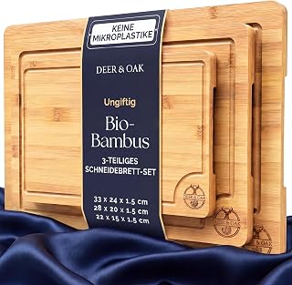 Deer & Oak Schneidebrett Holz Bambus Set 3-teilig, vorgeölt mit Saftrille | Mit Griff · Küchen…