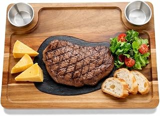 Akazienholz Servierplatte mit Schieferplatte, Schiefer Servierbrett Holz mit 2 Dipschale, Rustika…