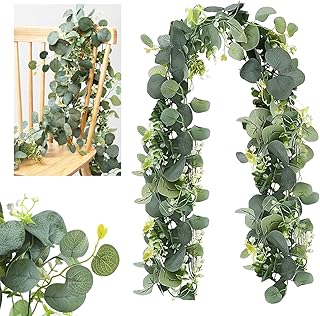 2 Stück Eukalyptus Girlande,1,8m Künstliche Eukalyptus Girlande mit Weiße Blumen Silberdollar …