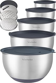 Winzbacher – Schüssel Set aus 304 Edelstahl mit Deckel & Reiben [5er Set] | 1l + 1.5l + 2.5l + 3…