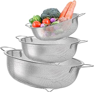 Royouzi Sieb 3 Stück Edelstahl Perforierte Küchensieb mit Griffe, | Mikroperforiertes Abtropfsi…